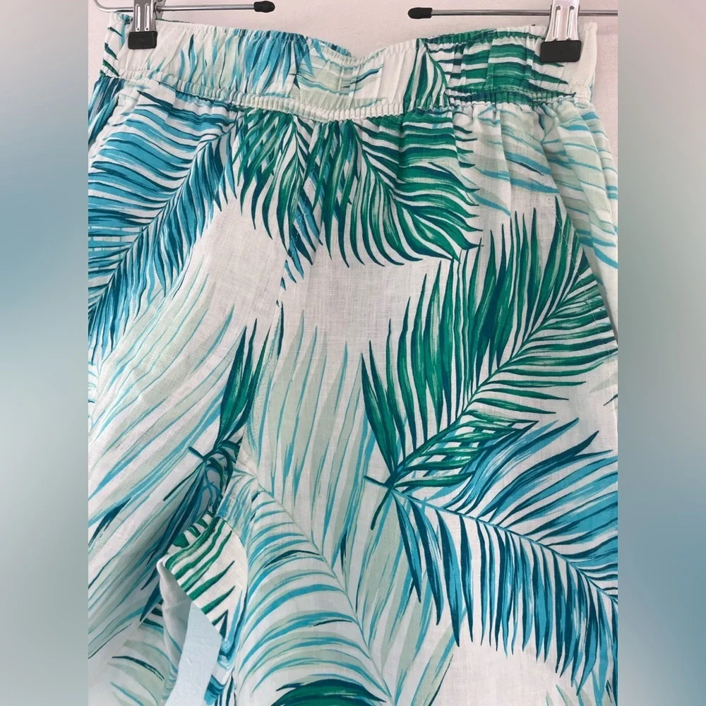 Tahari Womens 100% Linen Tropical Leaf Print Wide Leg Crop Pants Boho Beach S